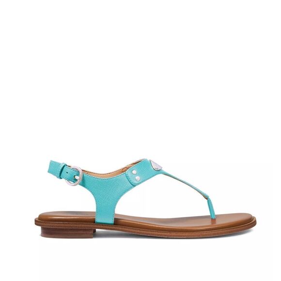 New! MICHAEL KORS Women's MK Logo Plate Thong Leather Sandals Shoes Ocean Blue - Picture 4 of 8